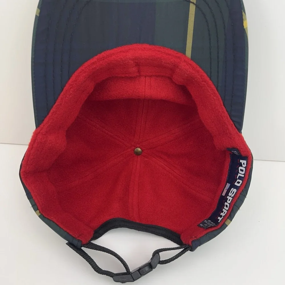 Vtg POLO RALPH LAUREN Cap Tartan Plaid Fleece Lined Hat Adult OS Nylon USA Hat‎